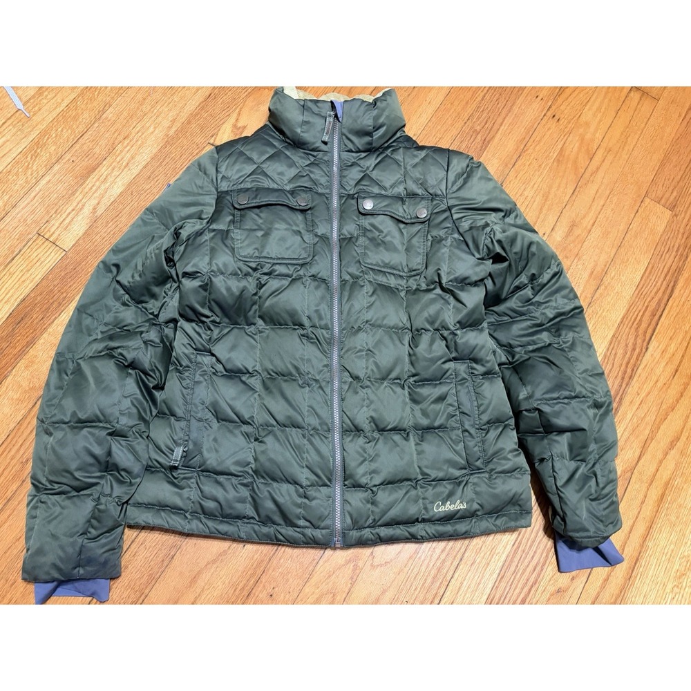 Cabela's Goose Down Puffer Jacket Women's Large Green No Hood Winter Coat